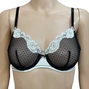Miss Studio La Perla Sheer Mesh Lace Bra 34B Satin Wired Coquette Black White